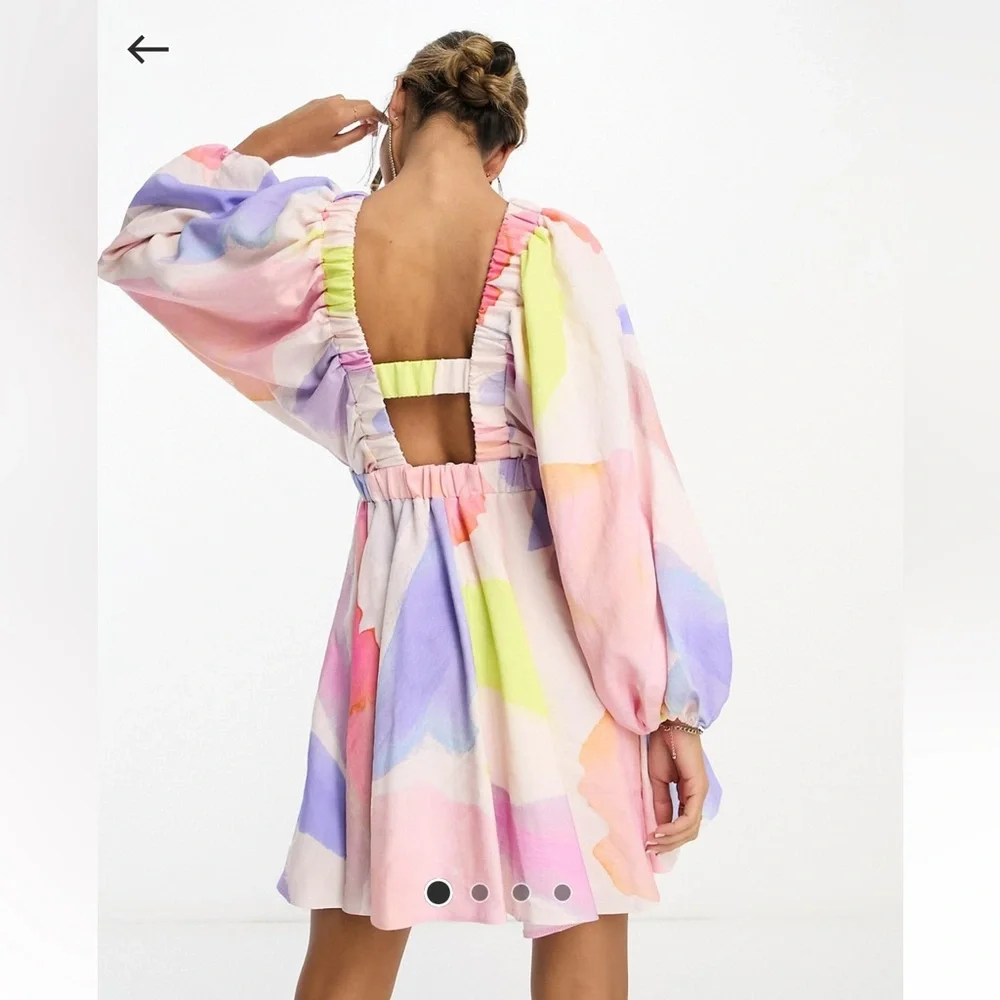 ASOS Structured batwing balloon sleeve mini dress watercolor abstract print 4 - Picture 10 of 10
